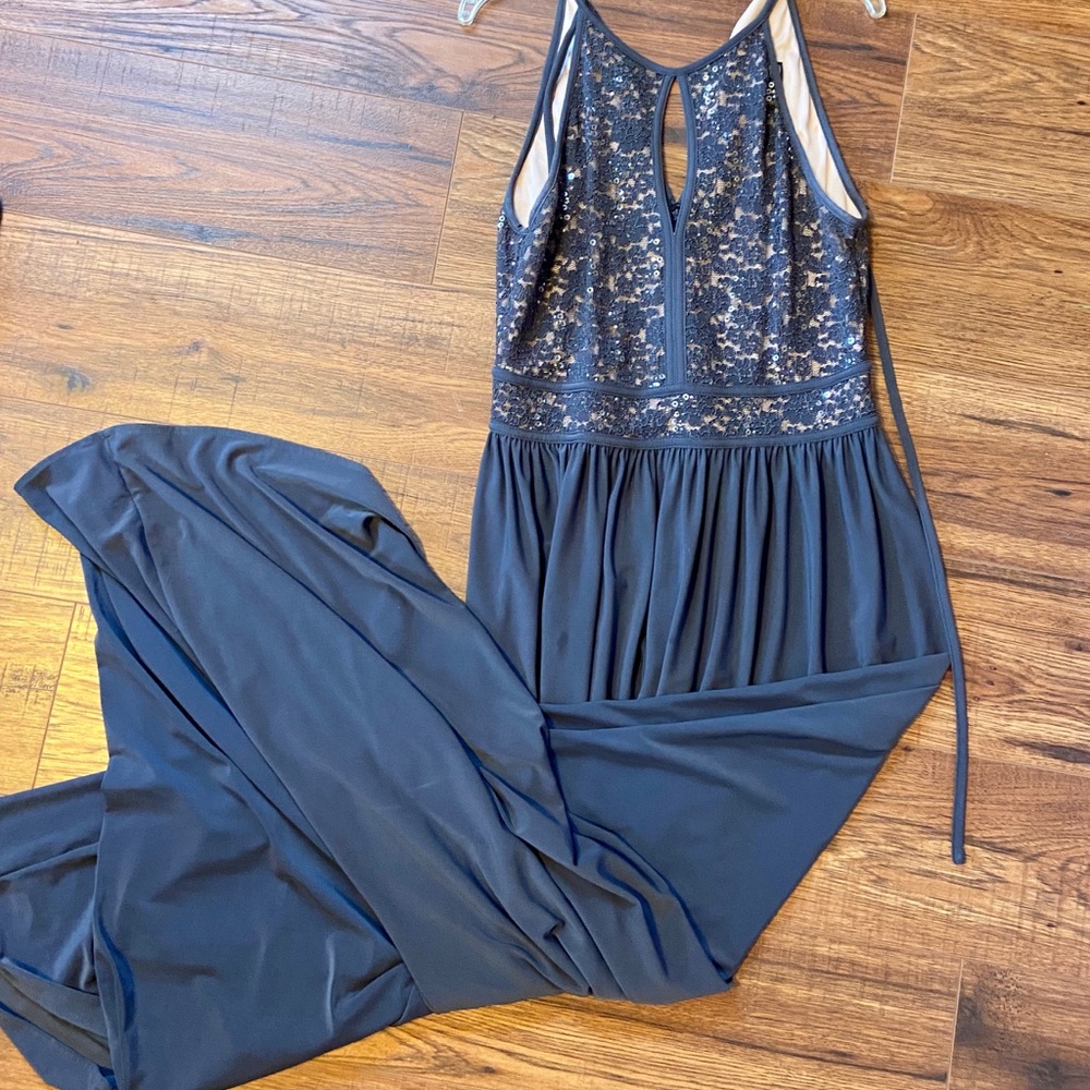 Nightway Dark Grey Lace Sequin Maxi Halter Dress
